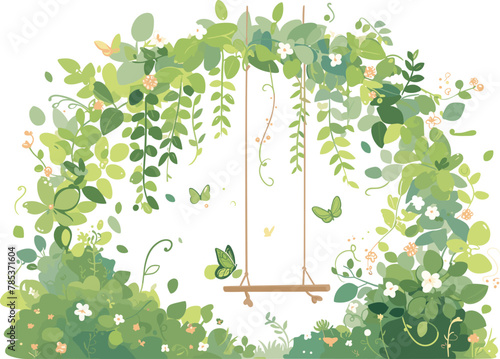 Serene garden swing in lush foliage with butterflies. Flat vector.