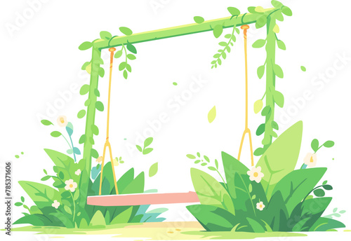 Wooden green swing in garden, flat vector illustration.