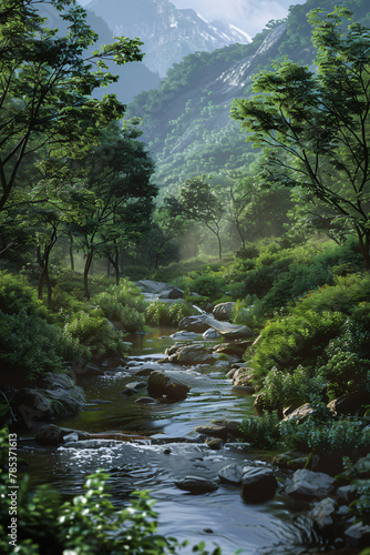Tranquil Mountain Stream  Serene Forest Landscape