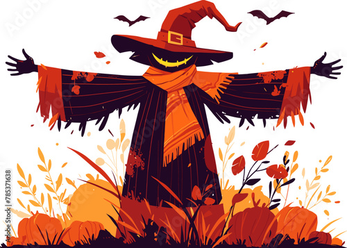 Vibrant illustration of a scarecrow with autumn elements as pumpkins. Fall, farming, harvest season. Happy halloween holiday decor. Flat vector illustration.