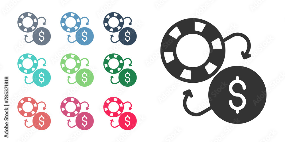 Black Casino chips exchange on dollar icon isolated on white background. Set icons colorful. Vector Black Casino chips exchange on dollar icon isolated on white background. Set icons colorful. Vector