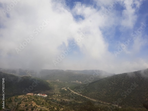 Mesmerizing natural beauty of Abha in Saudi Arabia in the summer season. High mountains, greenery, low clouds and fog are the beauty of Abha.