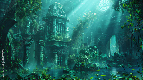 Fantasy landscape with fantasy temple in the deep forest