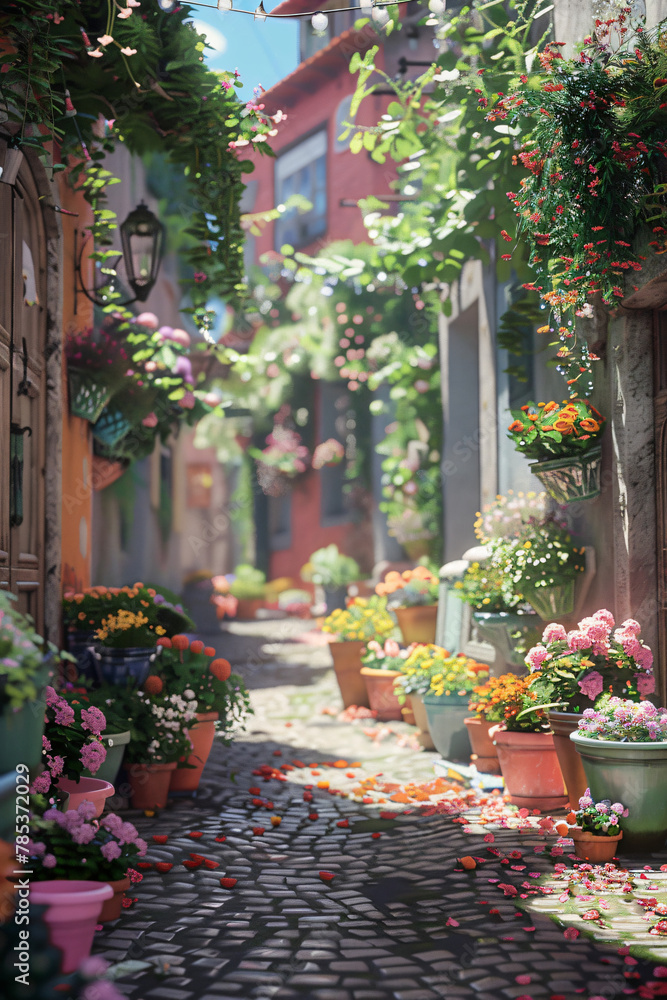 Quaint Cobblestone Alleyway: Colorful Flower Pots