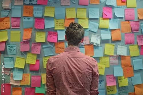 Young man is standing in front of a wall completely covered in colorful sticky notes.
