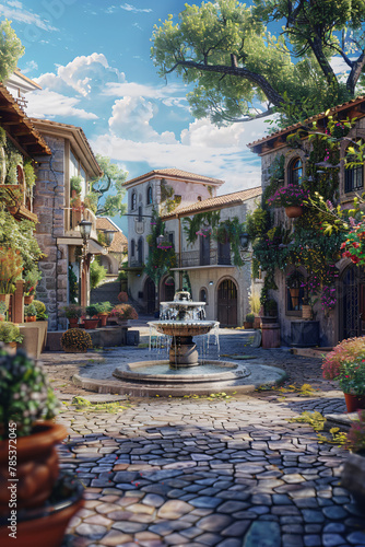 Wallpaper Mural Quaint Village Square: Cobblestone Streets and Fountain Torontodigital.ca