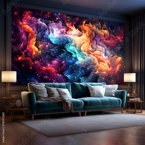 Interior of modern living room with blue sofa and colorful smoke wall 3D rendering photo