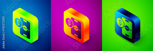 Isometric Soccer football betting money icon isolated on blue, purple and green background. Football bet bookmaker. Soccer betting online make money. Square button. Vector
