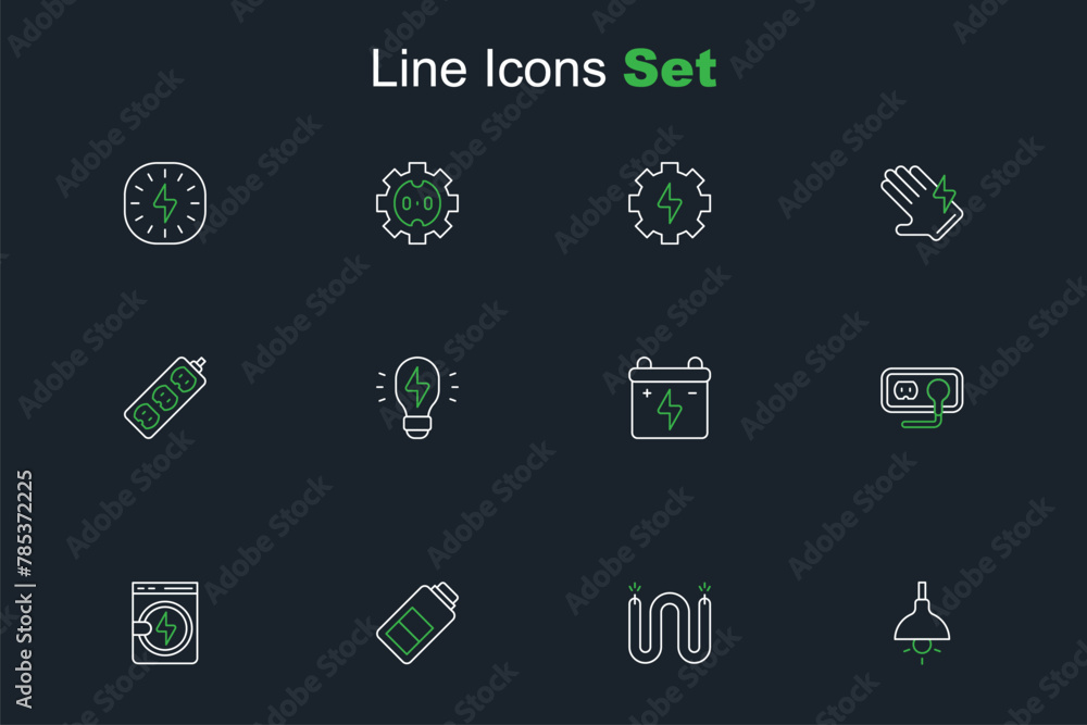 Set line Lamp hanging, Electric cable, Battery charge, Washer, Electrical outlet, Car battery, Creative lamp light idea and extension icon. Vector Set line Lamp hanging, Electric cable, Battery charge, Washer, Electrical outlet, Car battery, Creative lamp light idea and extension icon. Vector