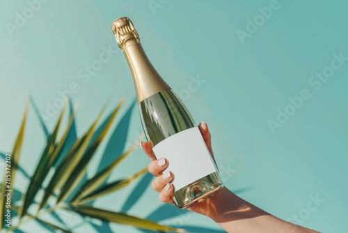 Candid Shot of a Woman Popping Open a Champagne Bottle with a Blank Label at a Boho Style Party Celebration, Mock-up Product Bottle Display in ASOS Style.