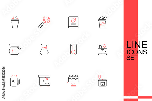 Set line Manual coffee grinder, Cake, Coffee machine, Cup tea with bag, thermometer, Pour over maker and pot icon. Vector