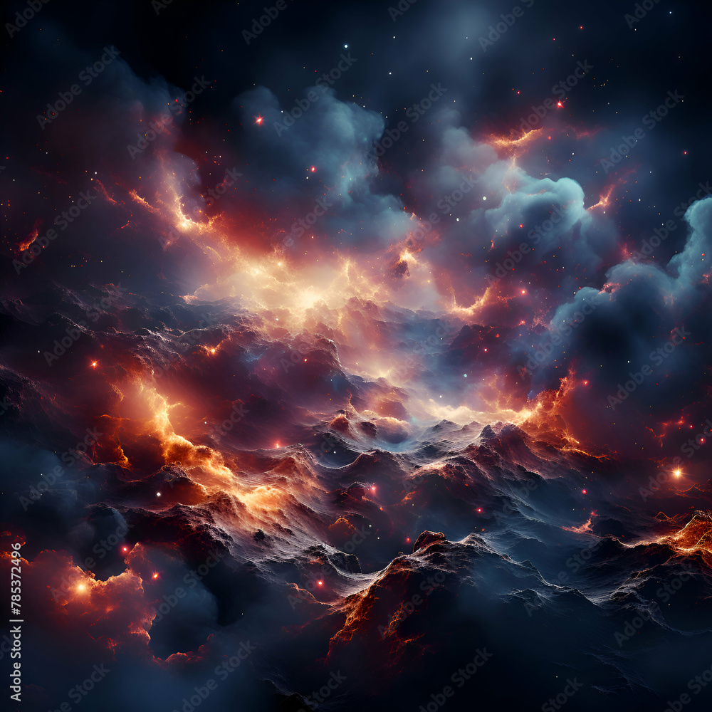 Burning fire in the night sky. Fantasy fractal texture. 3D rendering