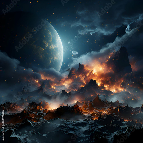 Fantasy landscape with planet and clouds. 3d illustration. horizontal