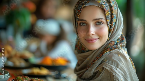 Cheerful Muslim woman enjoys in lunch with her family at home