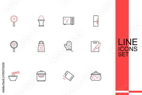 Set line Cooking pot, Packet of pepper, Slow cooker, Asian noodles bowl, Cutting board and knife, Oven glove, Grater and Fried eggs on frying pan icon. Vector