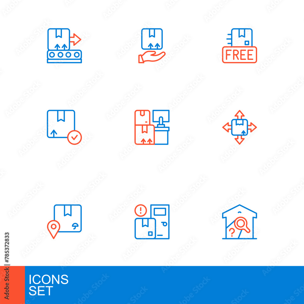 Set line Warehouse check, Home delivery services, Location with cardboard box, Carton, boxes, Cardboard free symbol and Delivery hand icon. Vector Set line Warehouse check, Home delivery services, Location with cardboard box, Carton, boxes, Cardboard free symbol and Delivery hand icon. Vector