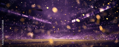 Purple background, football stadium lights with gold confetti decoration, copy space for advertising banner or poster design photo