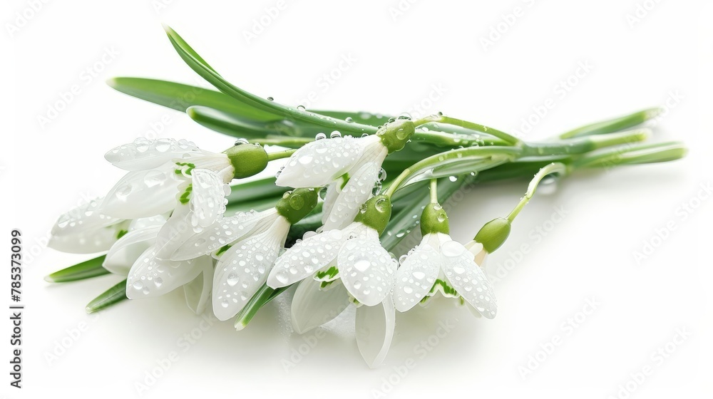 delicate bunch of snowdrop flowers with water droplets on petals isolated on white background photo delicate bunch of snowdrop flowers with water droplets on petals isolated on white background photo