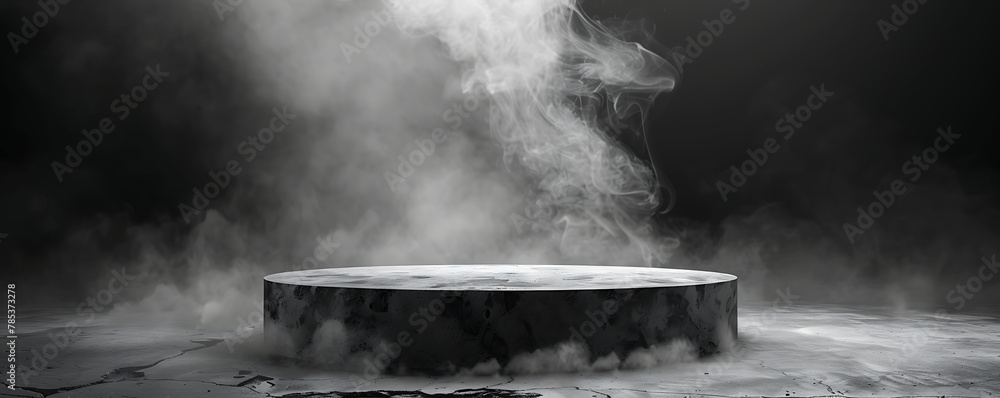 Product platform Dark black floor podium empty room table scene to place display in a studio smoky dust.