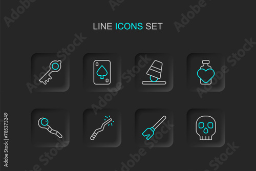 Set line Skull, Witches broom, Magic wand, staff, Bottle with love potion, Game thimbles, Playing cards and Old magic key icon. Vector © Iryna