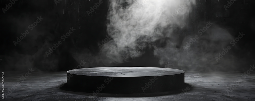 Product platform Dark black floor podium empty room table scene to place display in a studio smoky dust.