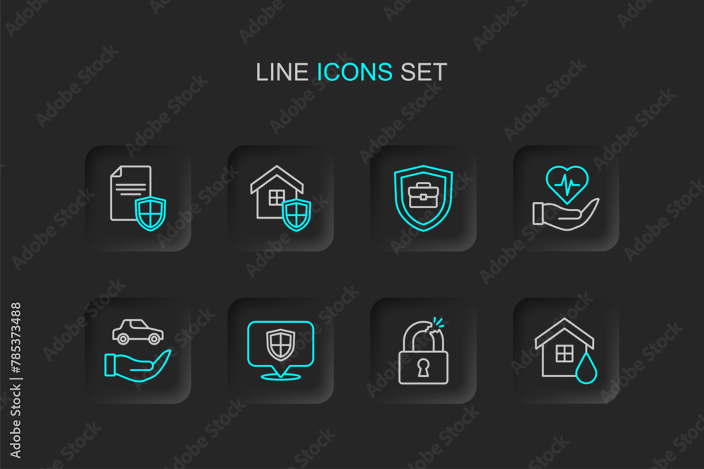 Set line House flood, Broken or cracked lock, Location shield, Car insurance, Life hand, Briefcase with, and Contract icon. Vector Set line House flood, Broken or cracked lock, Location shield, Car insurance, Life hand, Briefcase with, and Contract icon. Vector