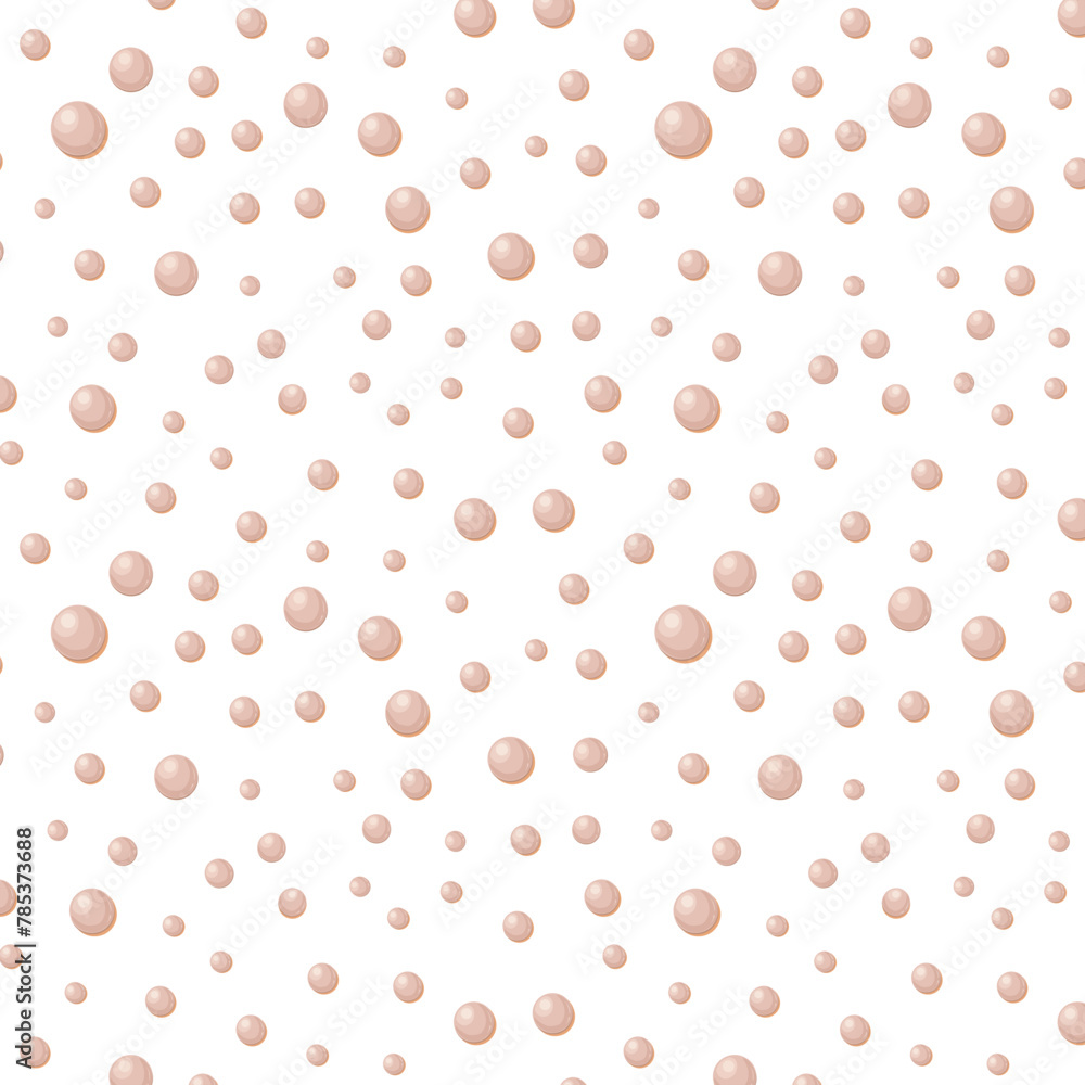 Beautiful shiny mother-of-pearl pearls of different sizes on a white background. Vector seamless pattern with pearls. For fabric, wrapping paper, postcard design.