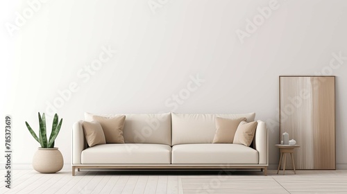 Minimalist living room interior with beige sofa and white wall © al