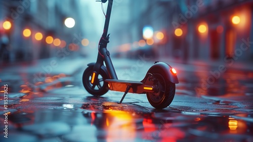 An electric scooter with automotive tire parked on wet asphalt at night