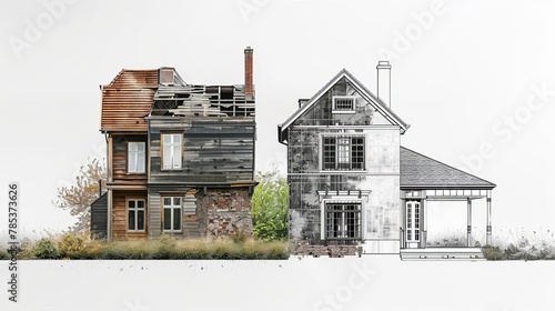 dilapidated farmhouse before and after extensive renovation contrasting old and new architectural styles concept illustration