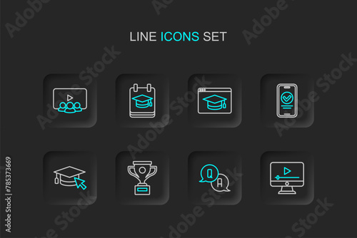 Set line Online play video, Question and Answer, Award cup, Graduation cap with cursor, quiz, test, survey, education, and class icon. Vector