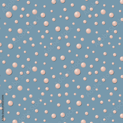 Beautiful shiny mother-of-pearl pearls of different sizes on a blue background. Vector seamless pattern with pearls. For fabric, wrapping paper, postcard design. © Natali