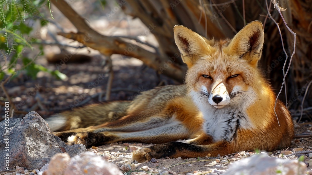 Fox Taking Shelter Under Sparse Canopy to Escape Rising Temperatures, Highlighting Adaptation to Environmental Changes.