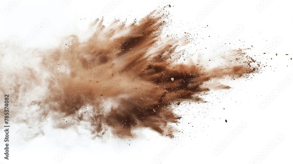 dry soil explosion isolated on white background abstract dust particles dispersing earthy brown texture creative concept photo dry soil explosion isolated on white background abstract dust particles dispersing earthy brown texture creative concept photo