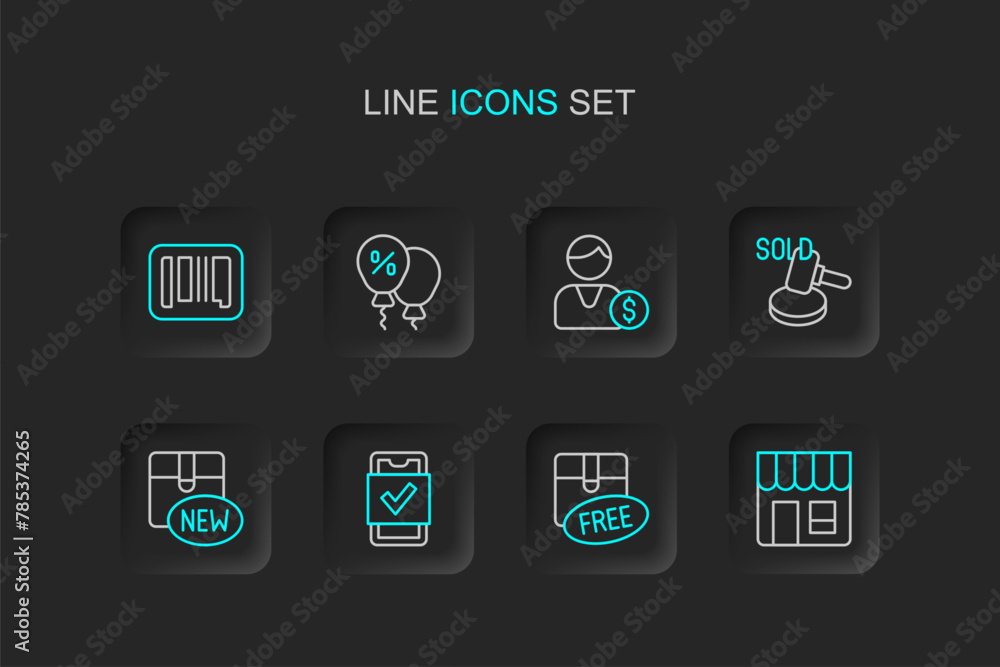 Set line Market store, Cardboard box with free symbol, Mobile shopping, New collection, Auction hammer, Buyer, Discount percent tag and Barcode icon. Vector