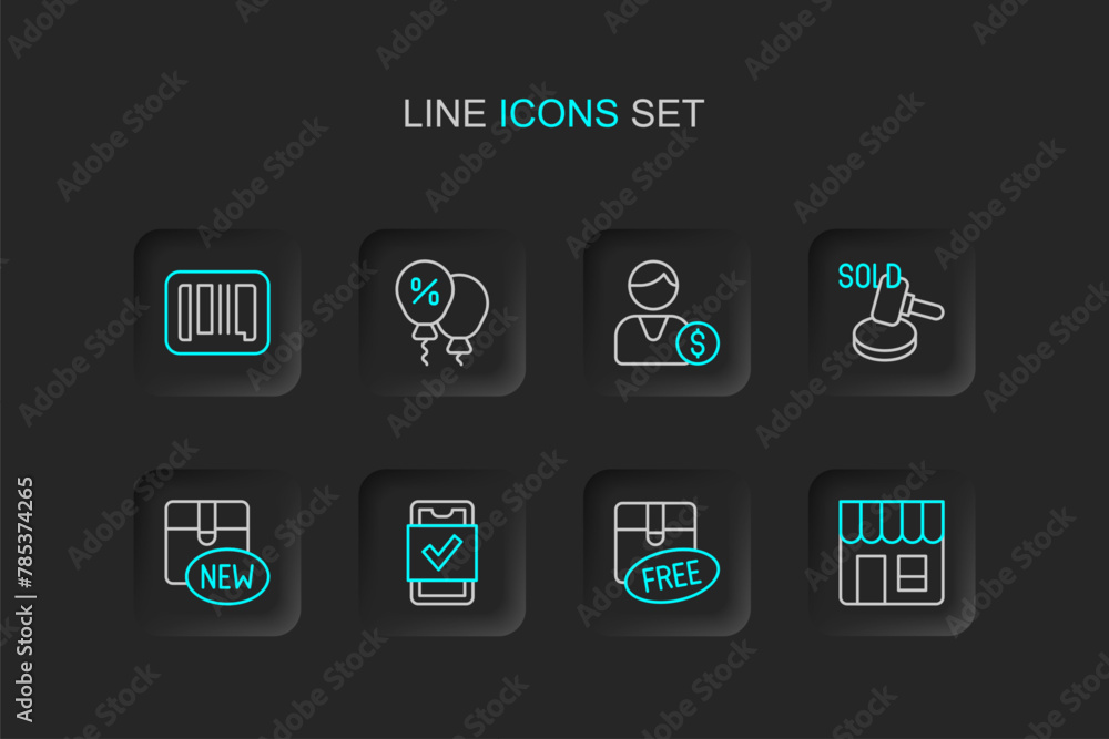 Set line Market store, Cardboard box with free symbol, Mobile shopping, New collection, Auction hammer, Buyer, Discount percent tag and Barcode icon. Vector Set line Market store, Cardboard box with free symbol, Mobile shopping, New collection, Auction hammer, Buyer, Discount percent tag and Barcode icon. Vector