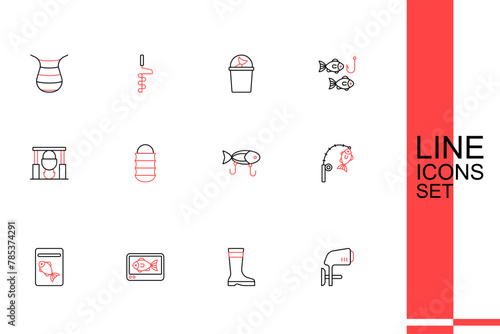 Set line Outboard boat motor, Fishing boots, finder echo sounder, Served fish on plate, rod and, lure, net and Campfire pot icon. Vector