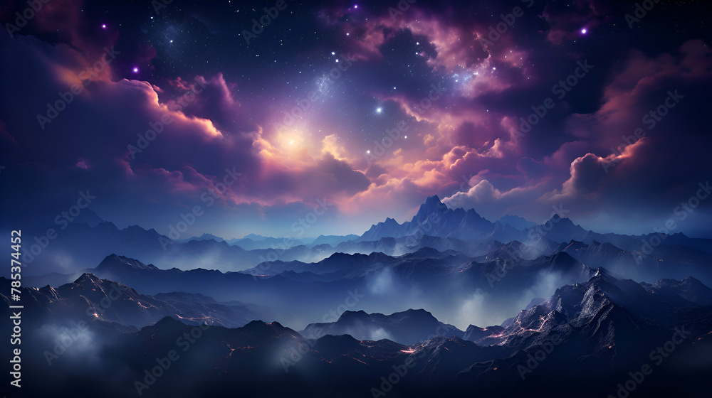 Fantasy night sky with stars and mountains.  illustration. Fantasy landscape.