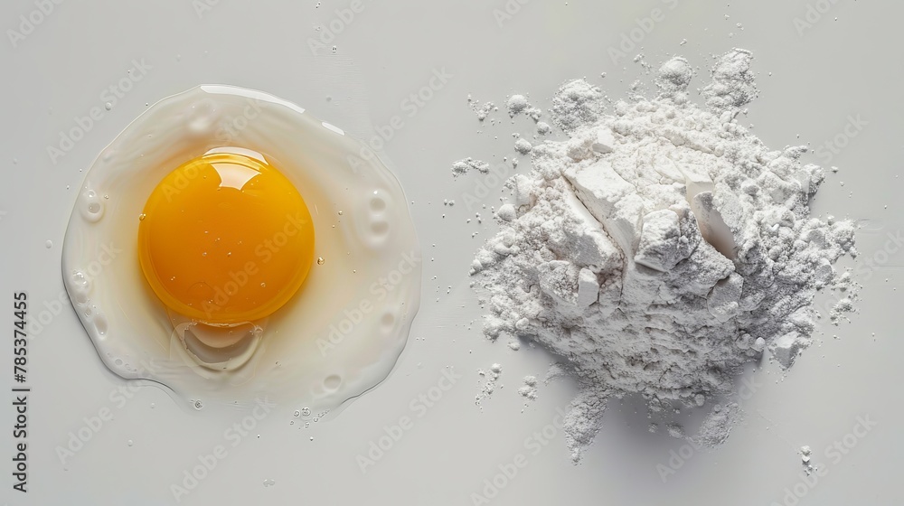 An egg and flour on a white surface Generative AI. An egg and flour on a white surface Generative AI.