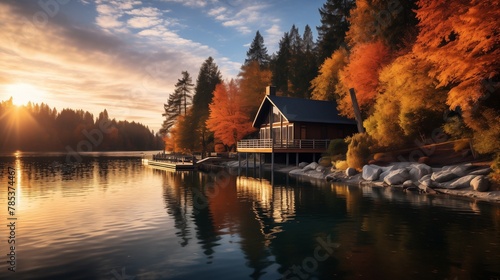 A picturesque lakeside retreat, where a quaint cabin sits amidst a kaleidoscope of autumn colors reflected in the tranquil waters, while the distant mountains 