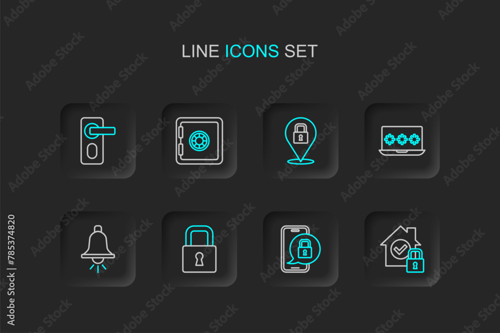 Set line House under protection, Mobile with closed padlock, Lock, Ringing alarm bell, Laptop password, Safe and Fingerprint door icon. Vector