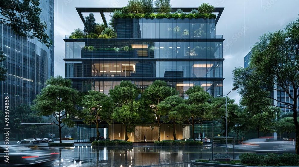 ecofriendly glass office building with trees for reducing heat and carbon dioxide in modern city sustainable architecture 3d rendering