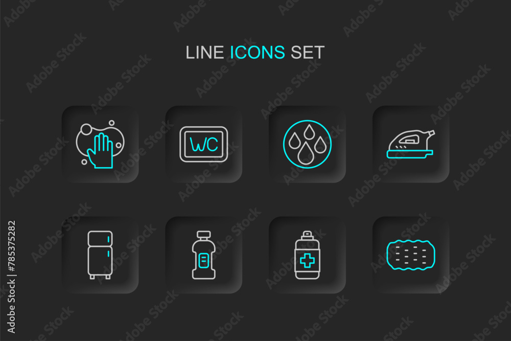 Set line Sponge, Antibacterial soap, Bottle for detergent, Refrigerator, Electric iron, Water drop, Toilet and icon. Vector Set line Sponge, Antibacterial soap, Bottle for detergent, Refrigerator, Electric iron, Water drop, Toilet and icon. Vector