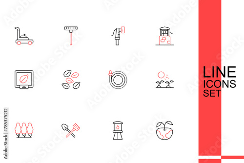 Set line Apple, Water tower, Shovel and rake, Fruit trees, Plant sprouts grow in the sun, Garden hose, Seeds of specific plant and icon. Vector