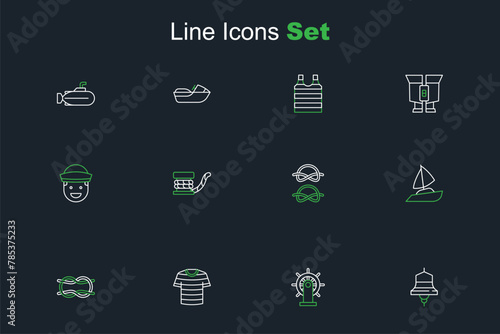 Set line Ship bell, steering wheel, Striped sailor t-shirt, Nautical rope knots, Yacht sailboat, Marine bollard with and Sailor icon. Vector