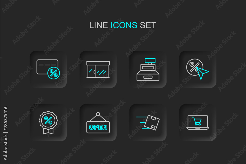 Set line Shopping cart on screen laptop, Location with cardboard box, Hanging sign text Open, Discount percent tag, Cash register machine, Market store and icon. Vector Set line Shopping cart on screen laptop, Location with cardboard box, Hanging sign text Open, Discount percent tag, Cash register machine, Market store and icon. Vector