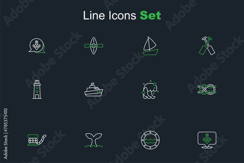 Set line Anchor, Ship porthole, Whale tail, Marine bollard with rope, Nautical knots, Tsunami, Speedboat and Lighthouse icon. Vector