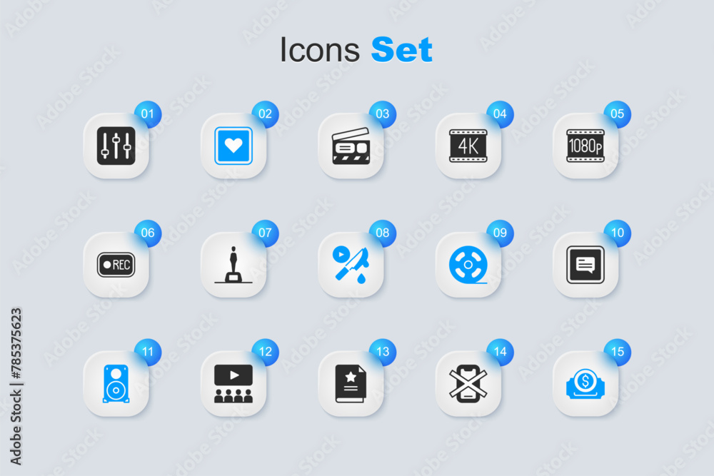 Set No cell phone, Movie trophy, Like heart, Stereo speaker, Cinema ticket, Video with subtitles, Sound mixer controller and Thriller movie icon. Vector Set No cell phone, Movie trophy, Like heart, Stereo speaker, Cinema ticket, Video with subtitles, Sound mixer controller and Thriller movie icon. Vector