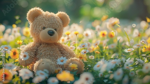 A toy teddy bear sits among flowers in a natural landscape © Валерія Ігнатенко