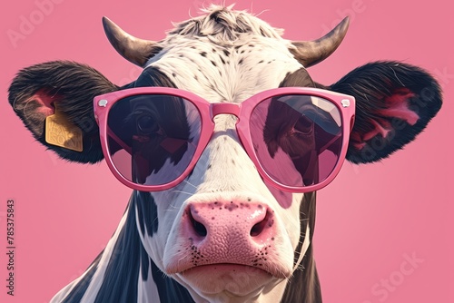 A cow wearing sunglasses against pink background, playful and humorous
